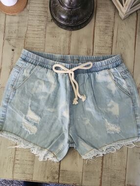 Hayden Girls Light Blue Distressed Denim Shorts with Drawstring